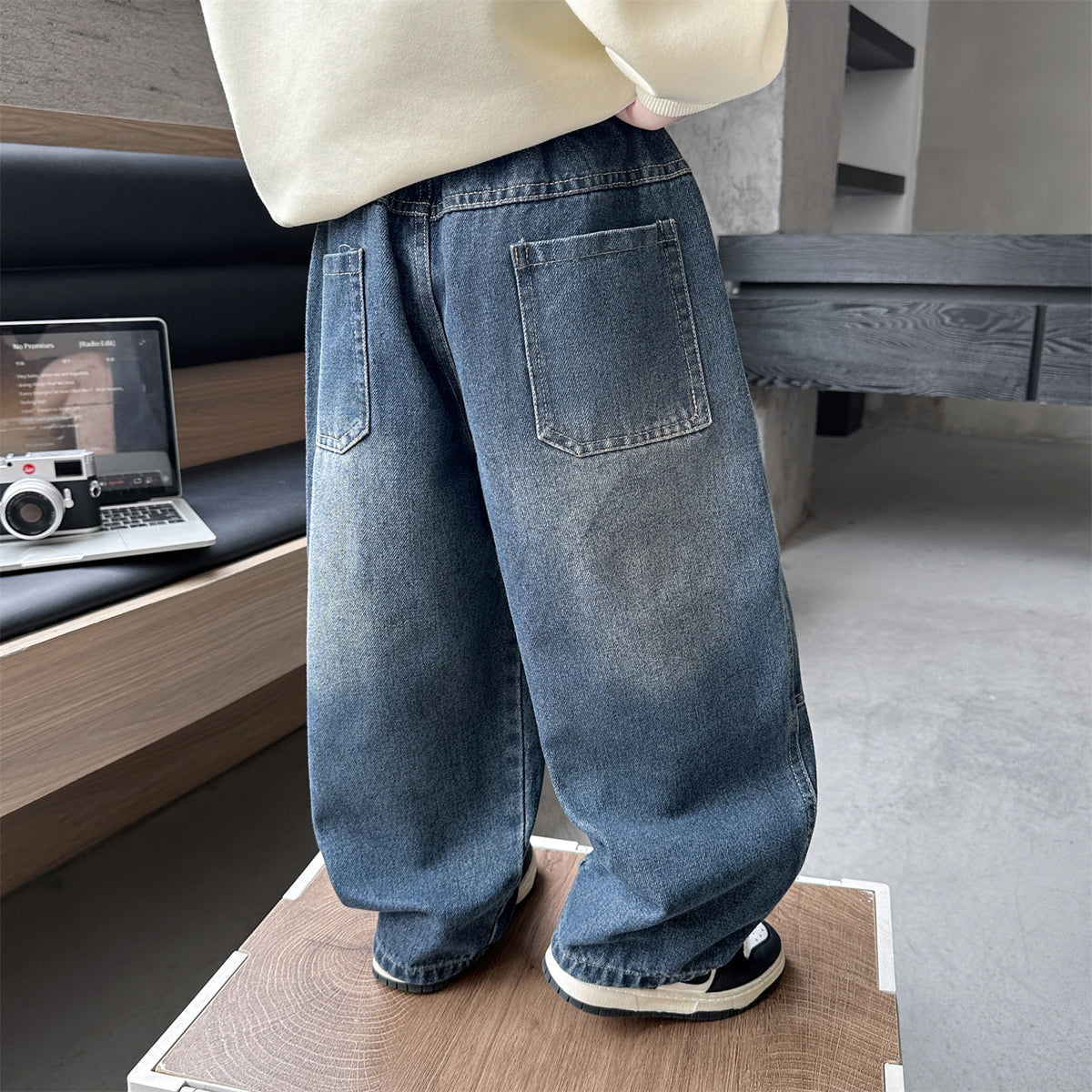 Casual Solid Color Denim Pants for Kids Boys with Large Pockets