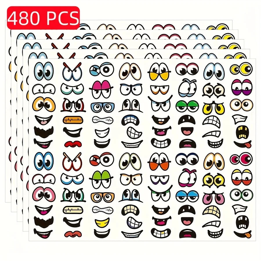 480 Pcs Color Funny Eyes and Mouth Stickers for Scrapbooking, DIY Halloween Decoration, Self-Adhesive Face Parts Stickers