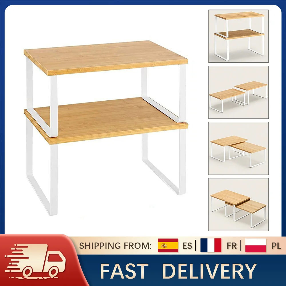 Organizador de especias de madera de bambú de 2 piezas, estante apilable multiusos para la encimera de cocina, soporte metálico para condimentos para armario o encimera