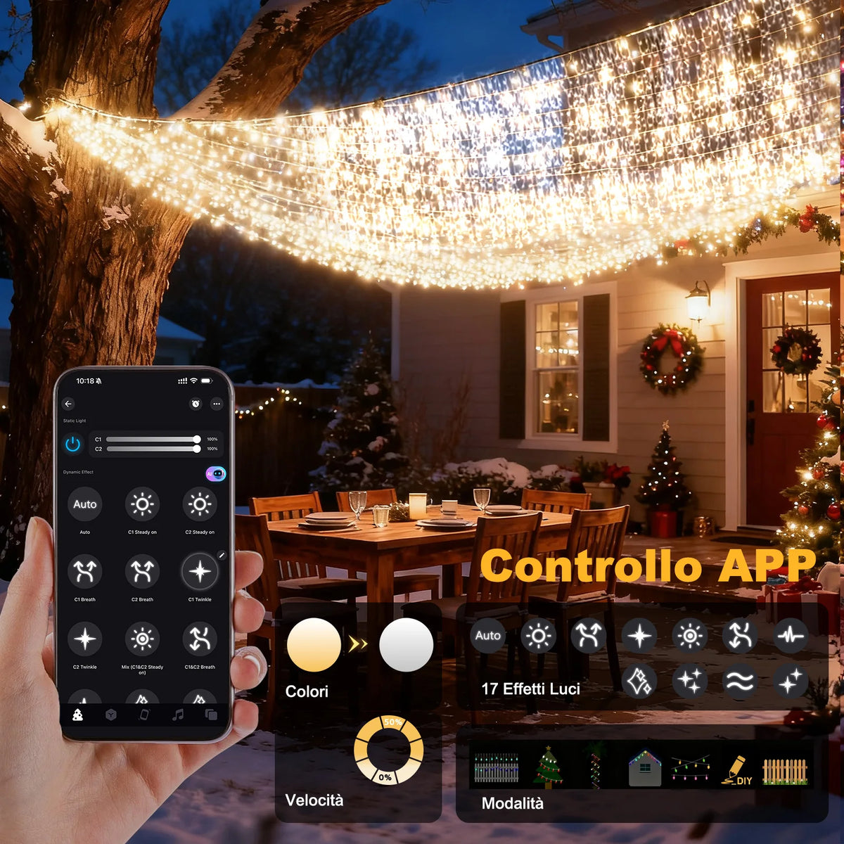 Christmas Led Icicle String Lights 5/10/15/30/45m, 200-1800 Leds, Warm/Cold White or Multi-Color, App + Remote Control, Music Mode, Timer, Dimmable, Ip65 Outdoor, with Hooks and Clips