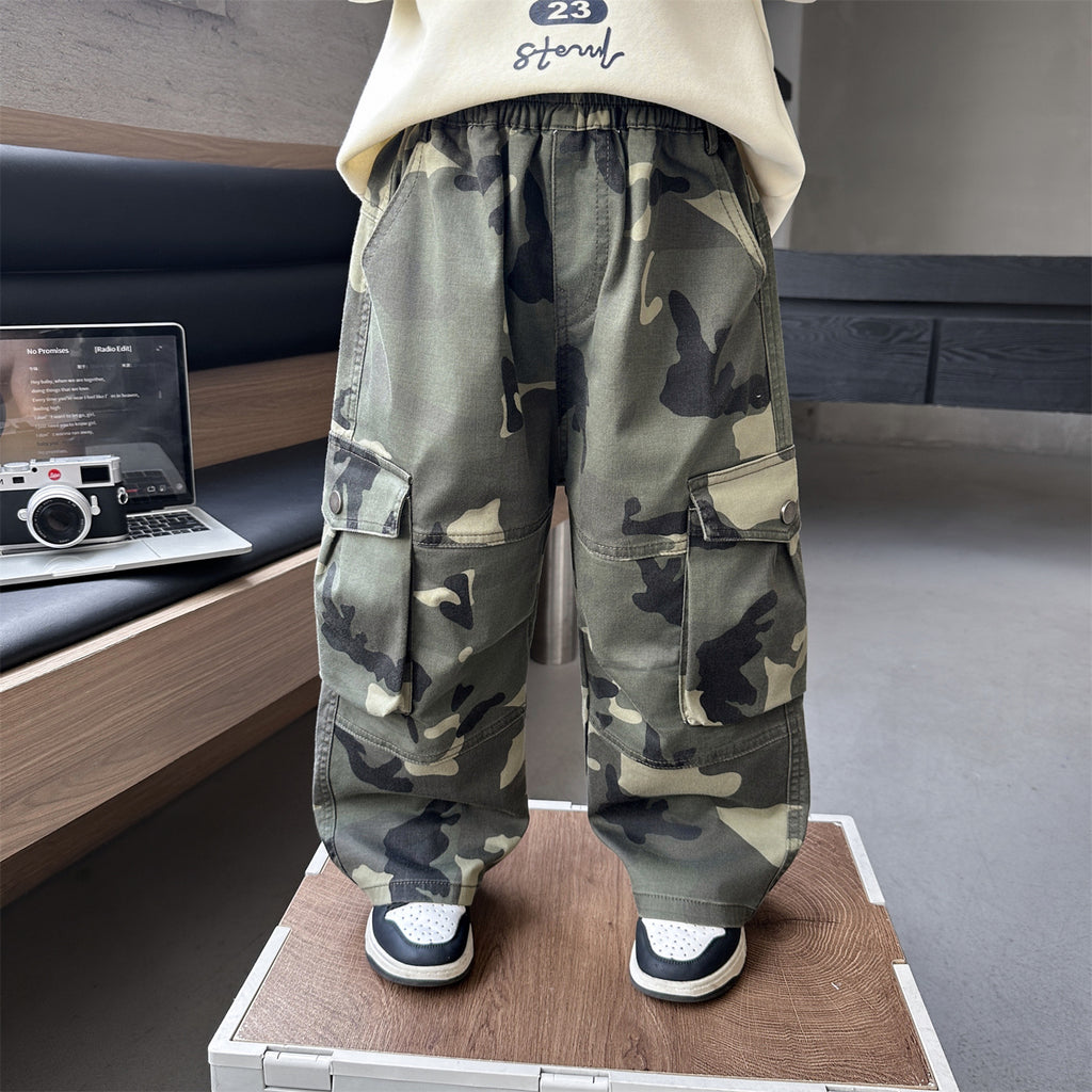 Boys Camouflage Cargo Pants Casual Straight Leg Trousers
