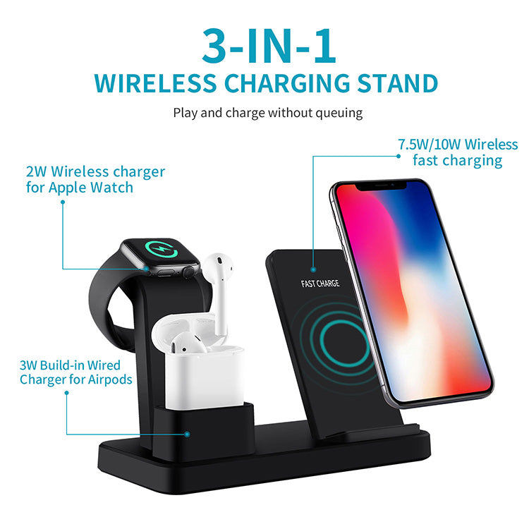 Supporto di ricarica wireless 3 in 1 per telefono, auricolari e orologio