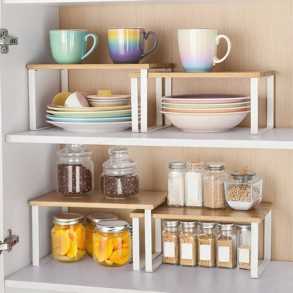 Organizador de especias de madera de bambú de 2 piezas, estante apilable multiusos para la encimera de cocina, soporte metálico para condimentos para armario o encimera