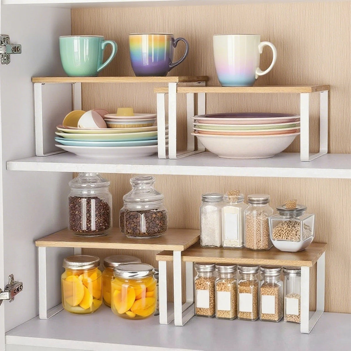 Organizador de especias de madera de bambú de 2 piezas, estante apilable multiusos para la encimera de cocina, soporte metálico para condimentos para armario o encimera