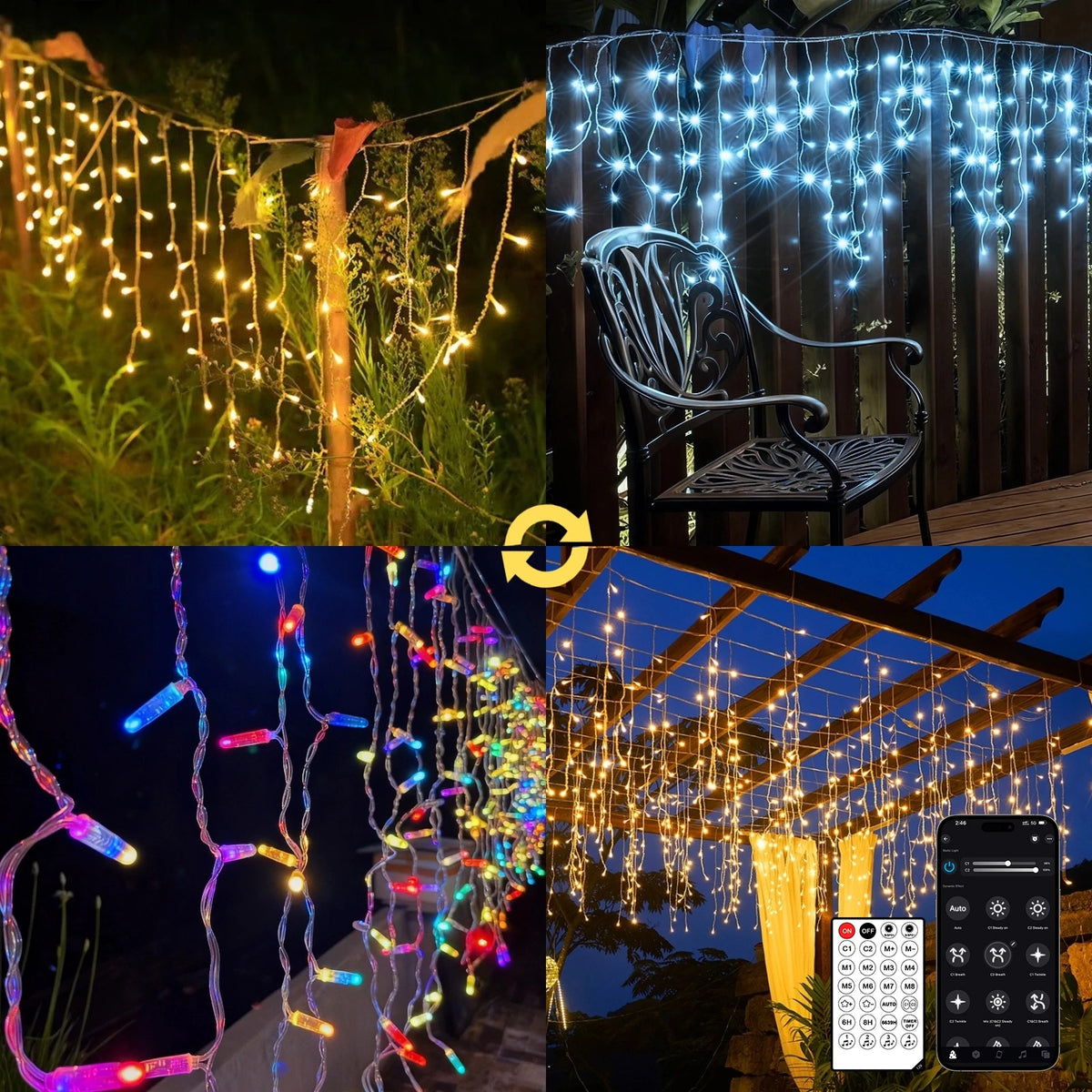 Christmas Led Icicle String Lights 5/10/15/30/45m, 200-1800 Leds, Warm/Cold White or Multi-Color, App + Remote Control, Music Mode, Timer, Dimmable, Ip65 Outdoor, with Hooks and Clips