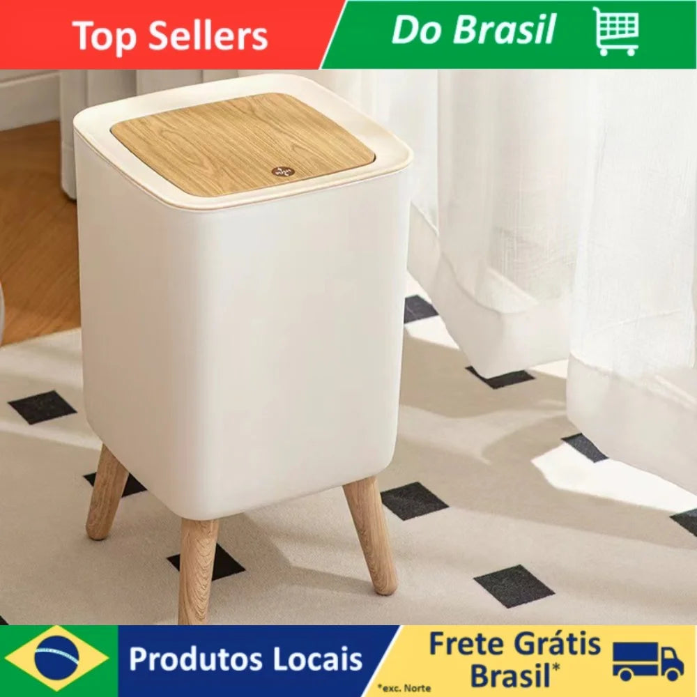 Mülleimer mit modernen Holzfüßen und Druckdeckel für Wohnzimmer, Badezimmer, Küche und Büro, 7 l/10 l