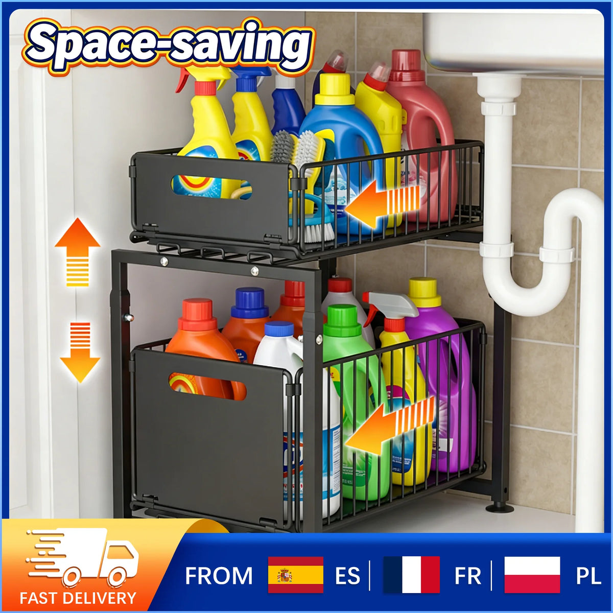 Cabinet Organizer 5-level Height Adjustable Pull-Out Double-Layer Sliding Carbon Steel Storage Drawer, Large Capacity Under-Sink Tidying Rack for Multi-Scene Use