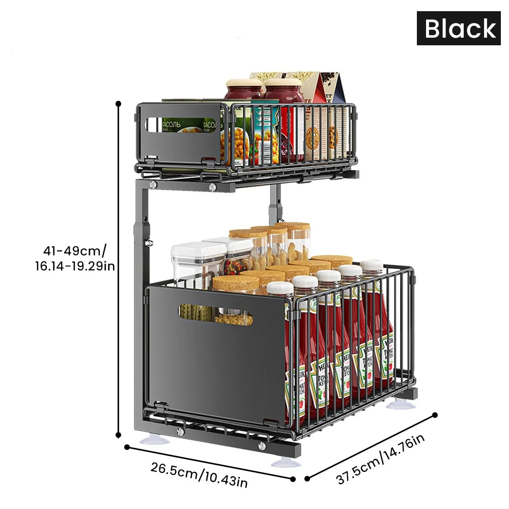Cabinet Organizer 5-level Height Adjustable Pull-Out Double-Layer Sliding Carbon Steel Storage Drawer, Large Capacity Under-Sink Tidying Rack for Multi-Scene Use