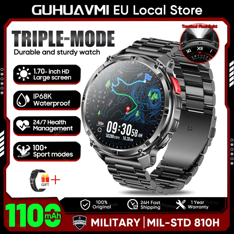 New Men Military 1100mAh Durable Large Battery Smart Watch 1.7" HD Large screen With LED Flashlight Compass Heart Rate Bluetooth Call IP68 Waterproof Sports Smartwatch