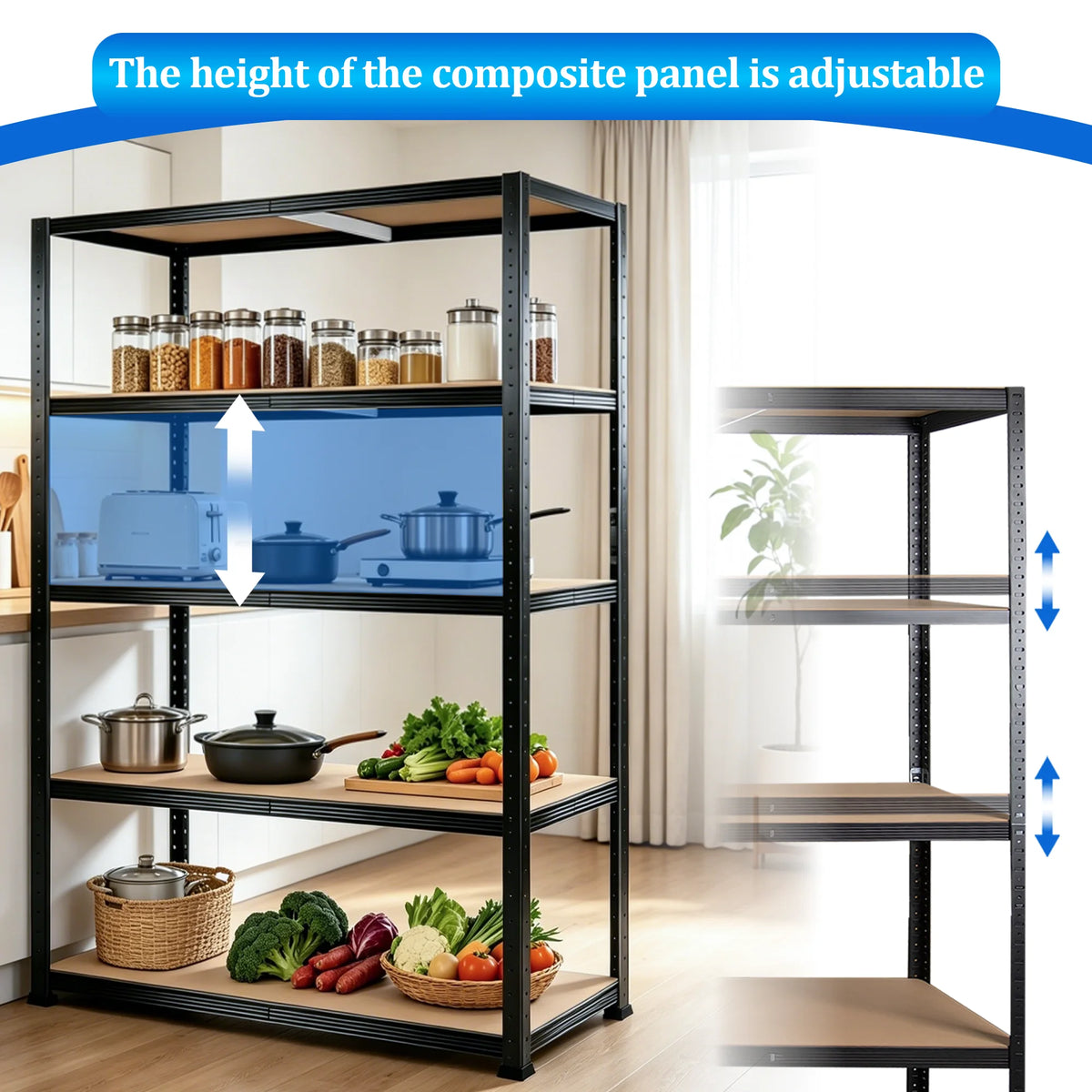 5-stufiges Schwerlast-Metallregal, Tragkraft 500 kg, werkzeugloses Stecksystem, flexibel teilbare Konstruktion, höhenverstellbare MDF-Einlegeböden, großes und vielseitiges Aufbewahrungsregal – ideal für Lager, Garage, Küche, Schlafzimmer, Büro und Keller