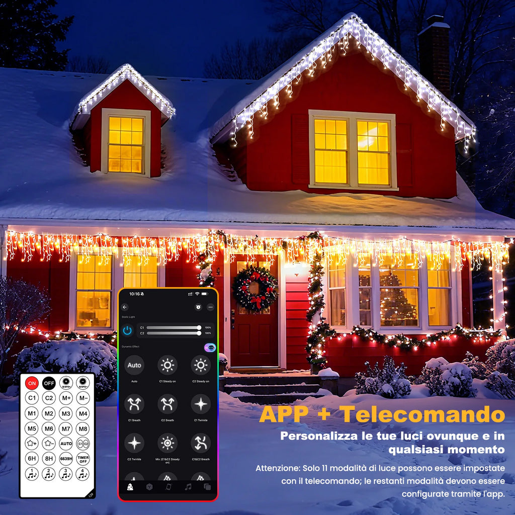 Christmas Led Icicle String Lights 5/10/15/30/45m, 200-1800 Leds, Warm/Cold White or Multi-Color, App + Remote Control, Music Mode, Timer, Dimmable, Ip65 Outdoor, with Hooks and Clips