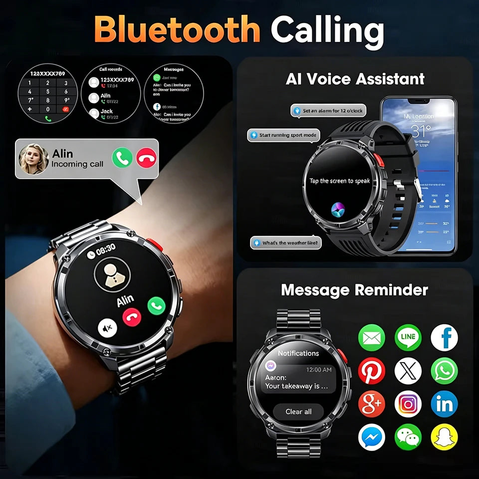 New Men Military 1100mAh Durable Large Battery Smart Watch 1.7" HD Large screen With LED Flashlight Compass Heart Rate Bluetooth Call IP68 Waterproof Sports Smartwatch