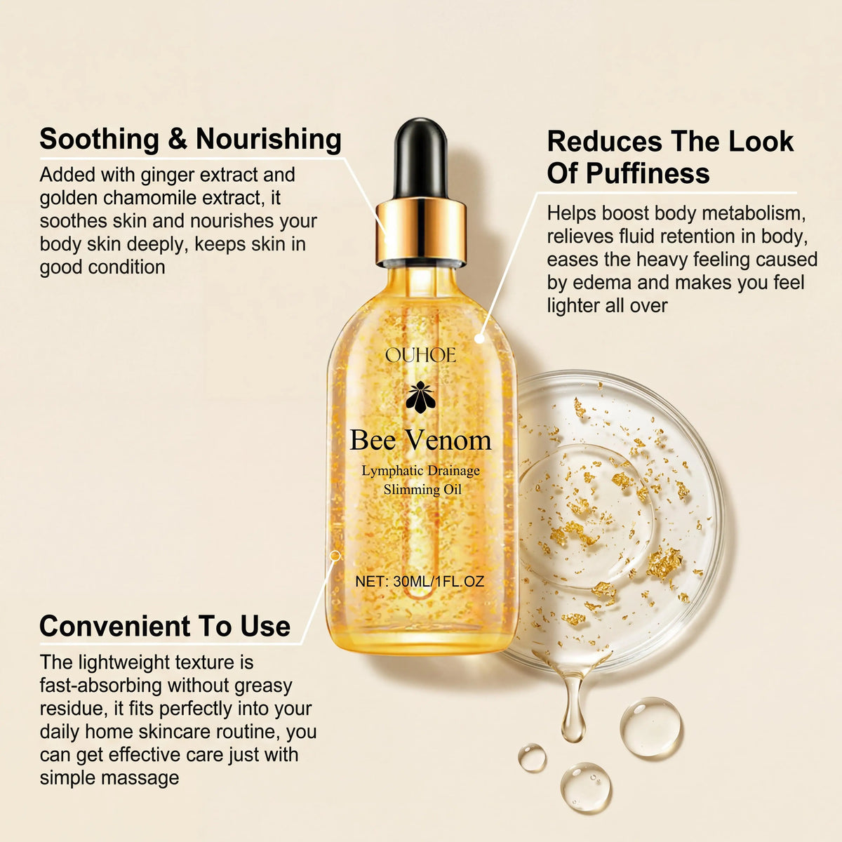 Aceite adelgazante con veneno de abeja para drenaje linfático, pérdida de peso, reafirmación y tonificación corporal, hidratación, quema de grasa y masaje anticelulítico