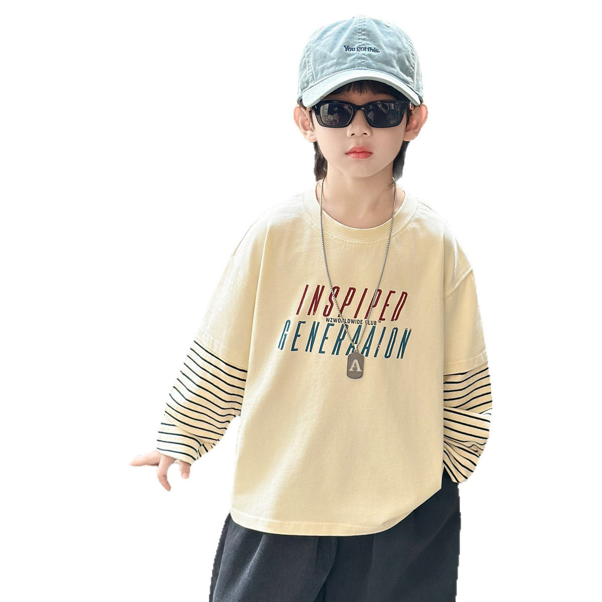 Boys'  Faux Two-Piece Long Sleeve Crew Neck T-Shirt Hoodie