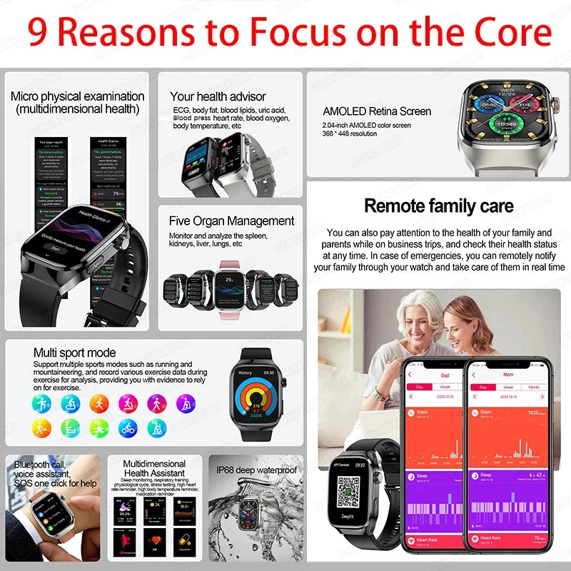 2026 New Health AI ECG Diagnosis Smart Watch Men 2.04-inch AMOLED Screen Heart Rate Blood Pressure IP68 Waterproof Bluetooth Call Sports Smartwatch