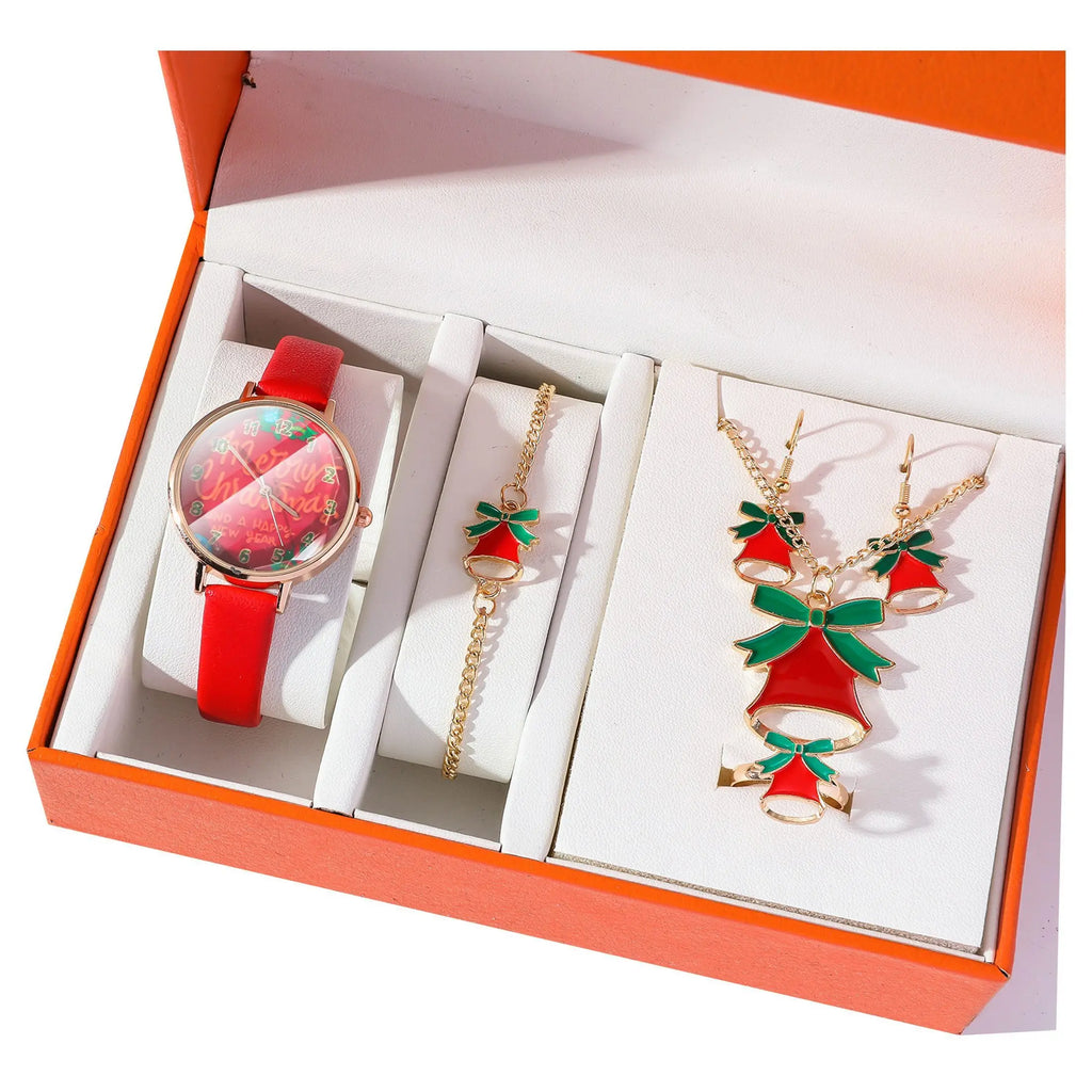 Weihnachtsmann 6-teiliges Weihnachtsschmuckset mit Uhr, Halskette, Armband und Ring (Ohrringe, für Damen und Mädchen)
