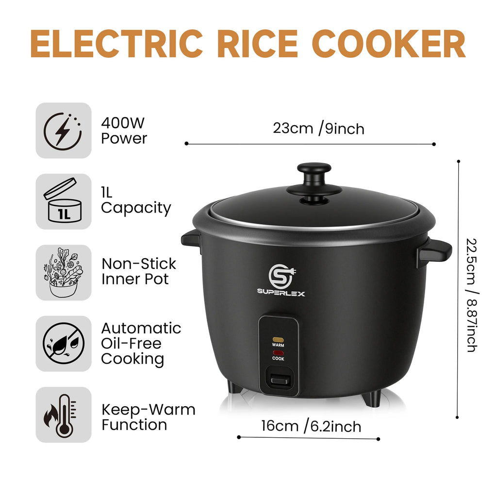 SUPERLEX 10-Cup Electric Rice Cooker, One-Touch Operation, Automatic Keep-Warm Function, Tempered Glass Lid, 400W, Perfect for Family Meals