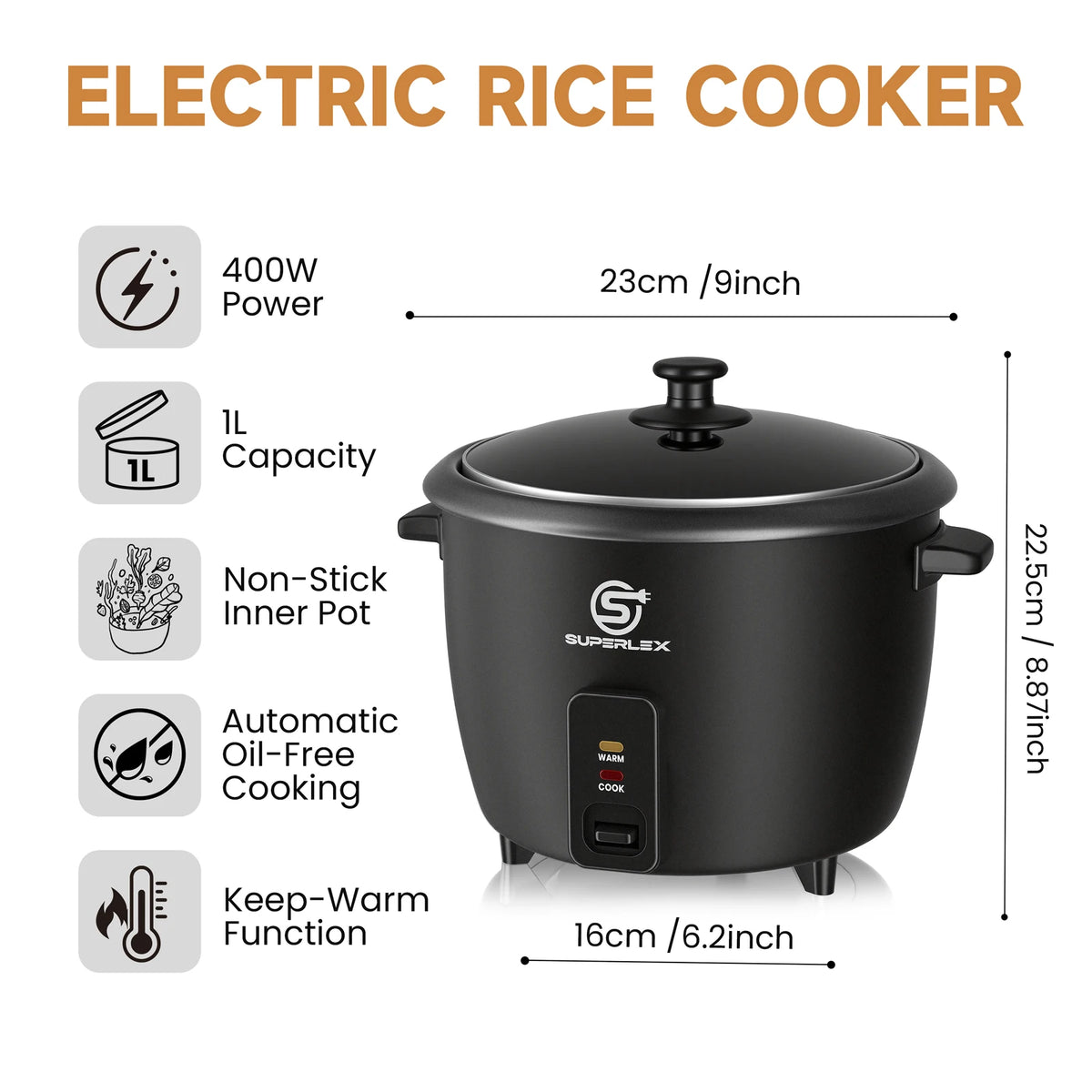 SUPERLEX 10-Cup Electric Rice Cooker, One-Touch Operation, Automatic Keep-Warm Function, Tempered Glass Lid, 400W, Perfect for Family Meals