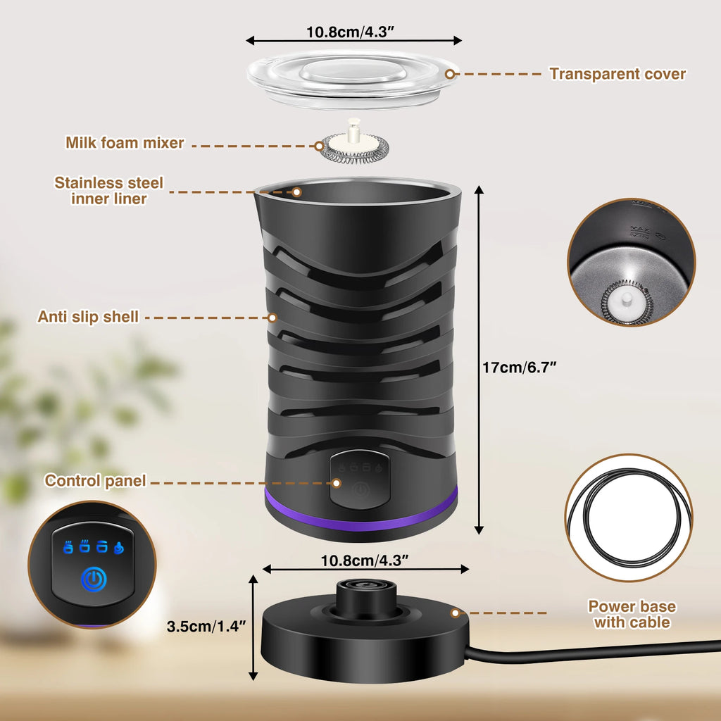 Espumador de leche de 400 W para chocolate caliente, vaporizador de leche 4 en 1 eléctrico con cable y función para bebidas calientes y frías, chocolate caliente con control de temperatura para café, latte y capuchino