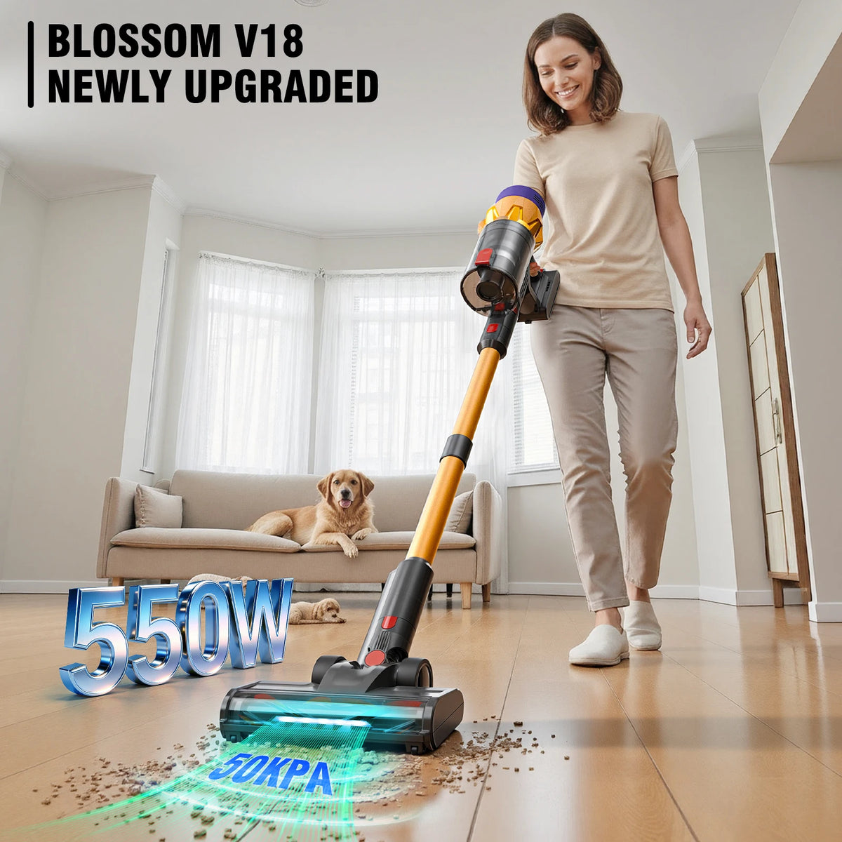 Aspirateur balai sans fil Blossom V18, 550W 45KPA, 55 minutes d'autonomie avec écran tactile, très léger (2,7 kg)