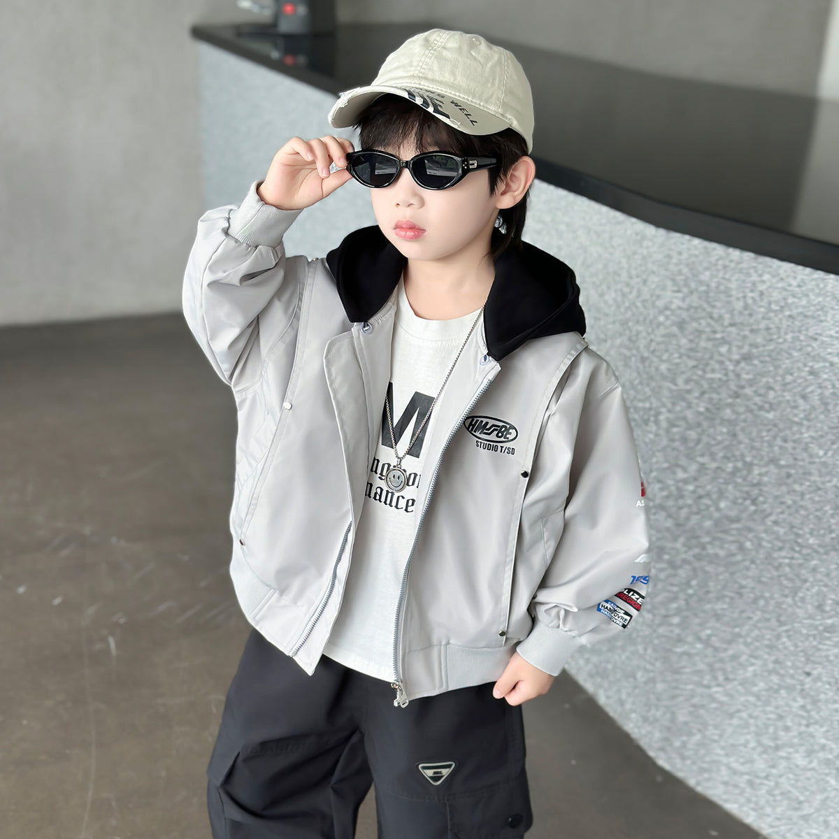 Boys Hooded Jacket Spring Autumn Layered Open Front Coat