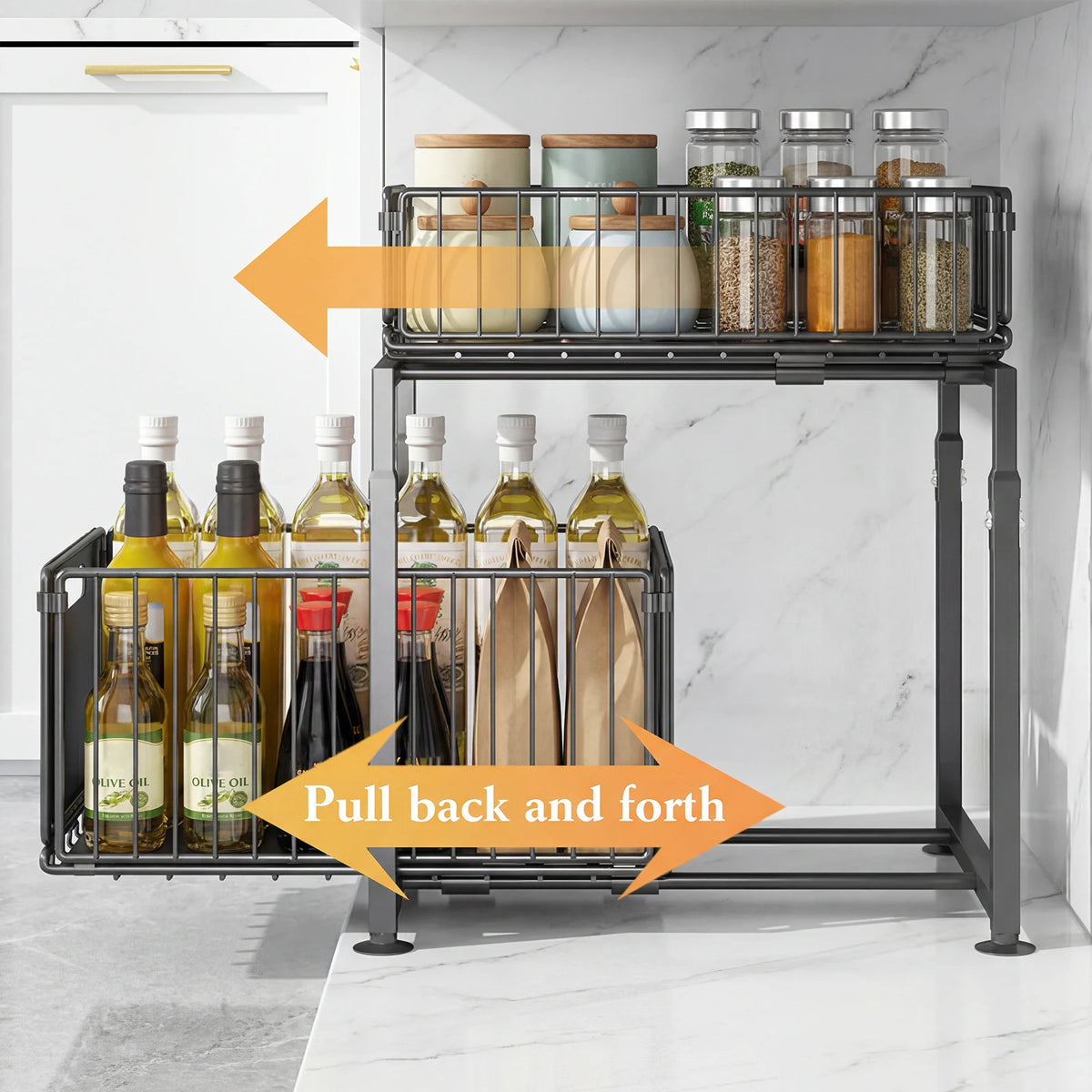Cabinet Organizer 5-level Height Adjustable Pull-Out Double-Layer Sliding Carbon Steel Storage Drawer, Large Capacity Under-Sink Tidying Rack for Multi-Scene Use