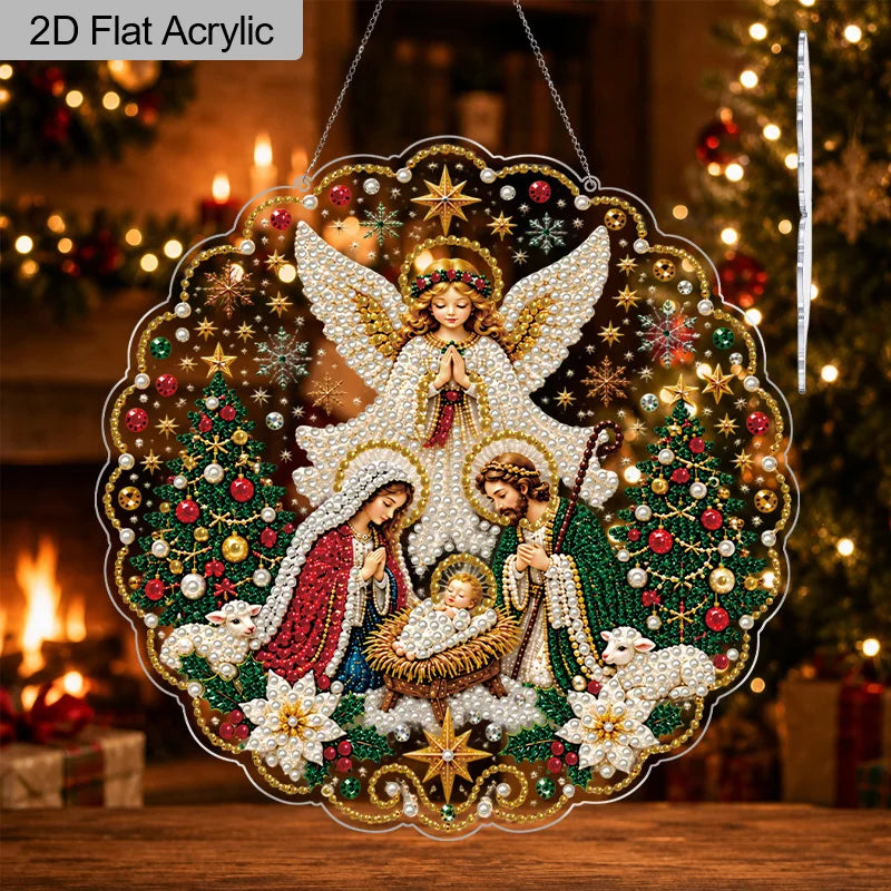 Christmas Nativity Scene Pearl Diamond Painting 2D Flat Acrylic Hanging Ornament with Holy Family Angel Lace-Edge Decor