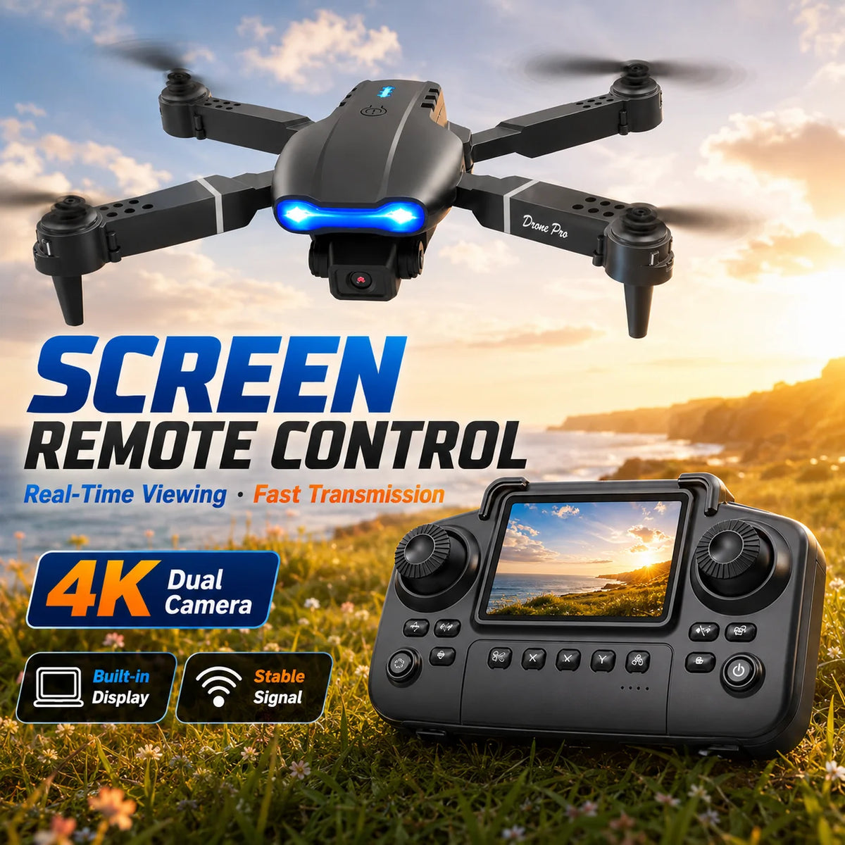 ZNLYRION Dron RC 4K con Control Remoto con Pantalla  Cámara Dual Posicionamiento de Flujo Óptico Evitación de Obstáculos Plegable FPV WIFI Control por APP Regreso con Tecla 360° Voltereta Cuadricóptero Juguete para Principiantes