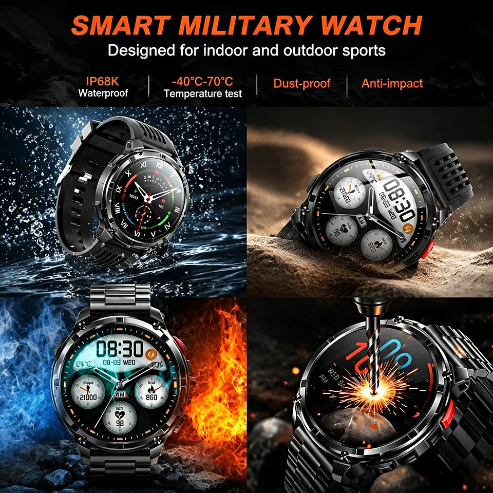New Men Military 1100mAh Durable Large Battery Smart Watch 1.7" HD Large screen With LED Flashlight Compass Heart Rate Bluetooth Call IP68 Waterproof Sports Smartwatch