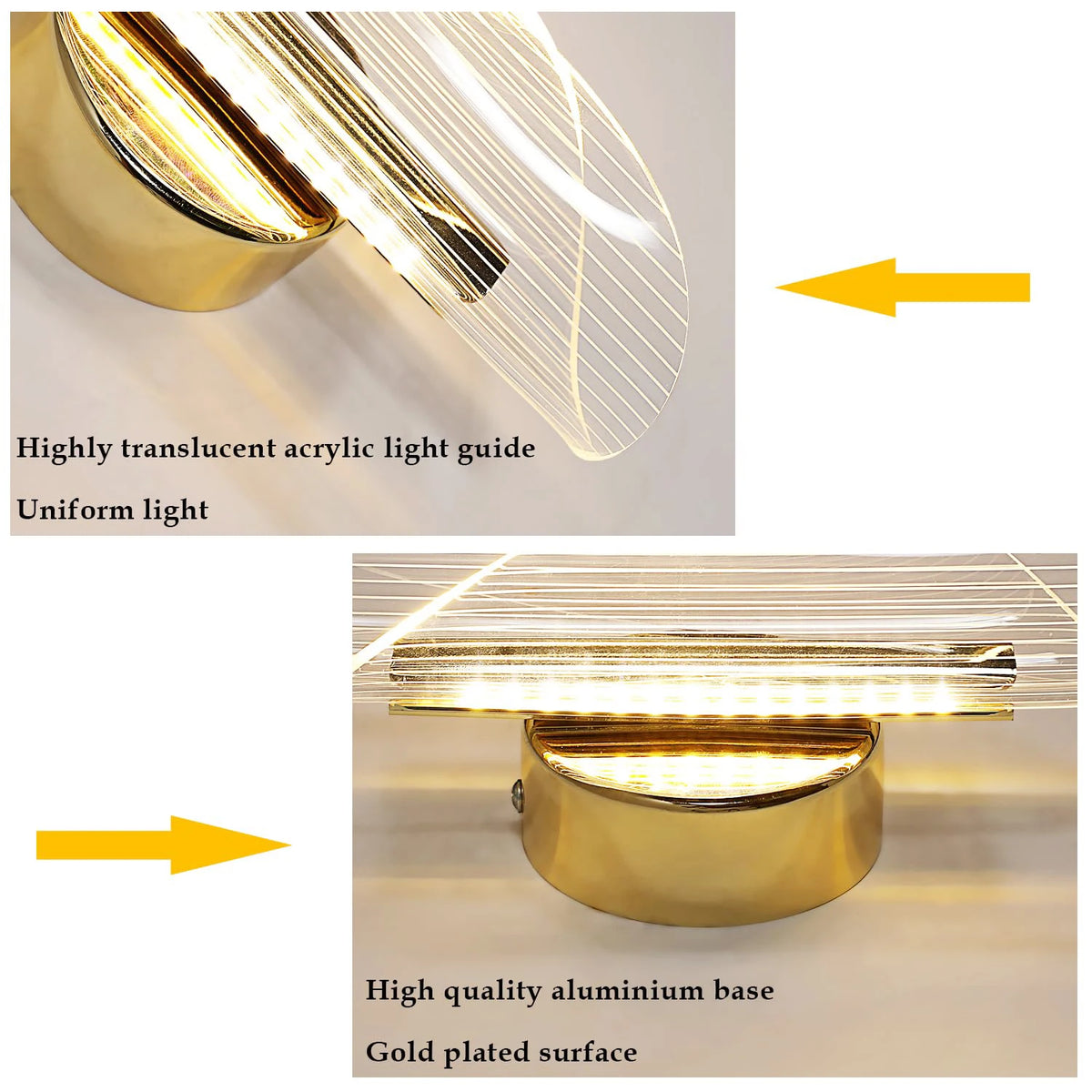 LED Interior Wall Sconce, 12W Dimmable Modern Wall Lamp Gold, Acrylic Interior Wall Light for Bedroom, Hallway, Porch