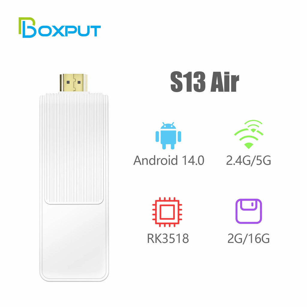 S13 Air Smart TV Stick Android 14 Rockchip RK3518, 2.4G&5G WiFi6 Dual Band, 2GB 16GB ROM 4K HDR Bluetooth Voice Remote Control