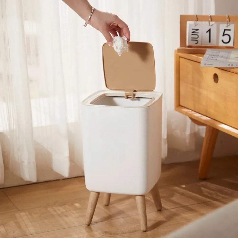 Mülleimer mit modernen Holzfüßen und Druckdeckel für Wohnzimmer, Badezimmer, Küche und Büro, 7 l/10 l