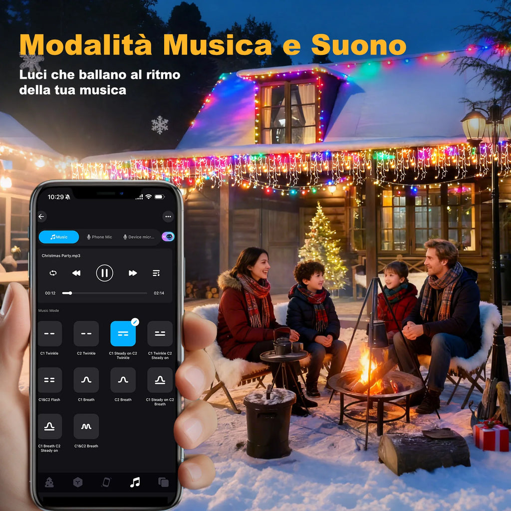 Christmas Led Icicle String Lights 5/10/15/30/45m, 200-1800 Leds, Warm/Cold White or Multi-Color, App + Remote Control, Music Mode, Timer, Dimmable, Ip65 Outdoor, with Hooks and Clips