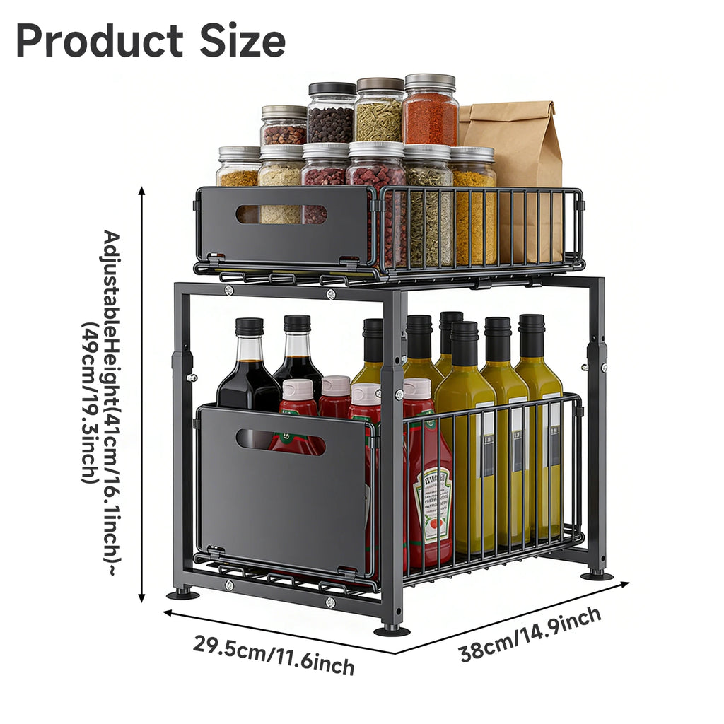 Cabinet Organizer 5-level Height Adjustable Pull-Out Double-Layer Sliding Carbon Steel Storage Drawer, Large Capacity Under-Sink Tidying Rack for Multi-Scene Use