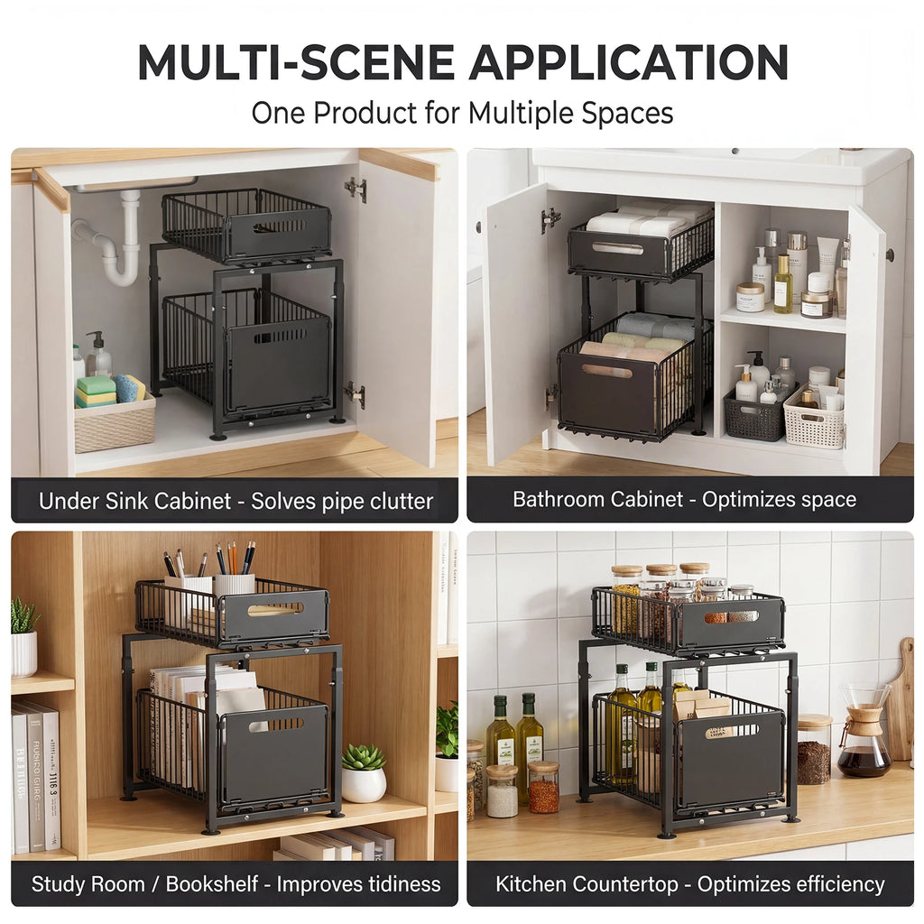 Cabinet Organizer 5-level Height Adjustable Pull-Out Double-Layer Sliding Carbon Steel Storage Drawer, Large Capacity Under-Sink Tidying Rack for Multi-Scene Use