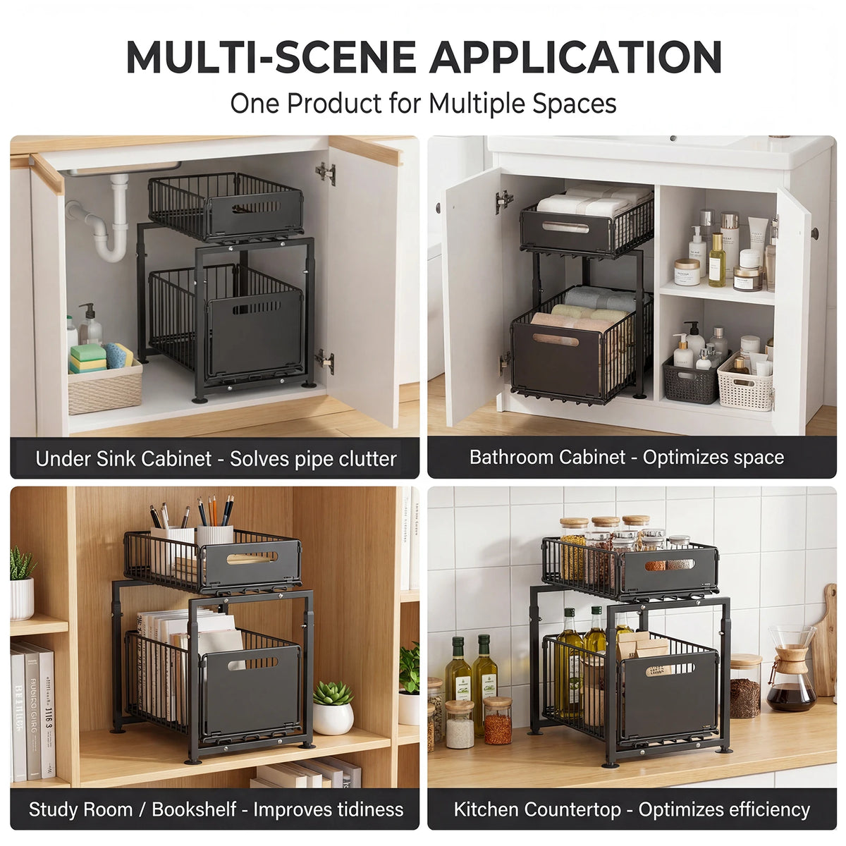 Cabinet Organizer 5-level Height Adjustable Pull-Out Double-Layer Sliding Carbon Steel Storage Drawer, Large Capacity Under-Sink Tidying Rack for Multi-Scene Use