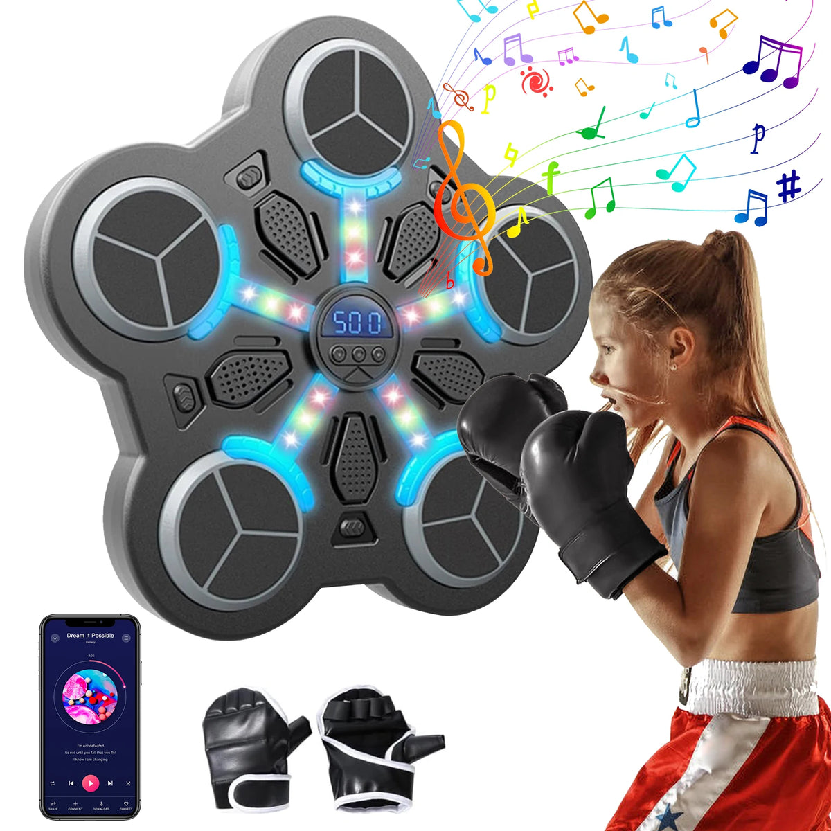 Smart Bluetooth Music Boxing Trainer for Kids with Gloves Interactive Rhythm Safe Design Home Fitness Equipment Portable Compact