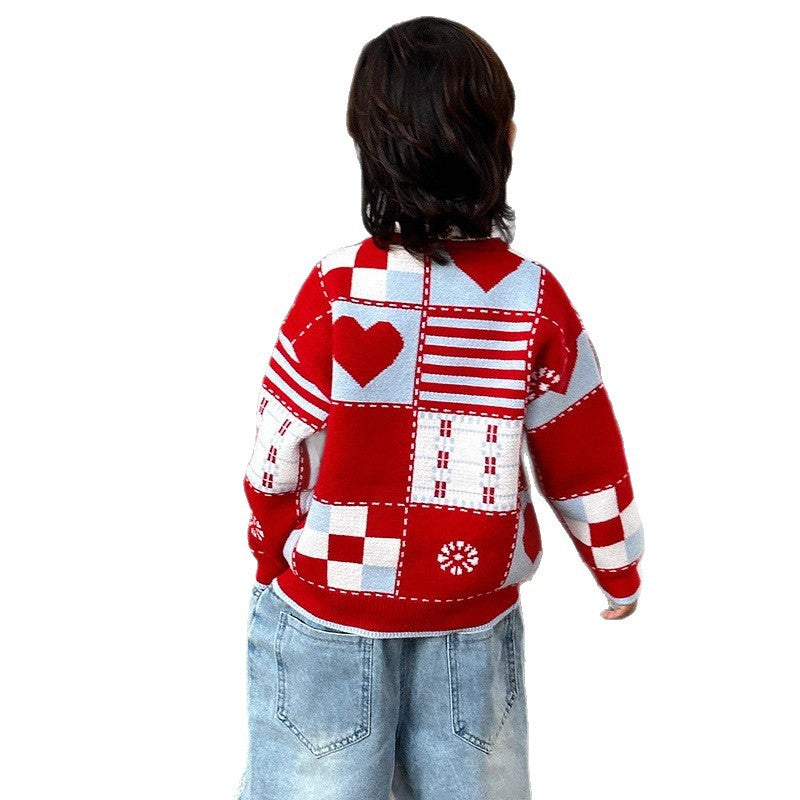 Kids Boys Red Plaid Long Sleeve Crew Neck Winter Thick Knit Sweater