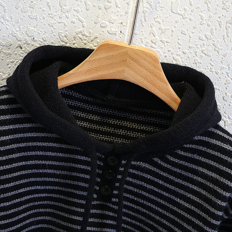 Boys Striped Hooded Thick Knit Sweater