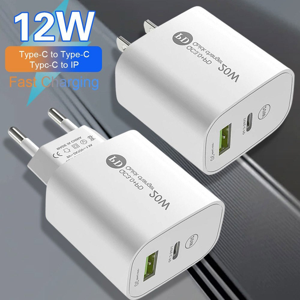 PD12W charger 5V 2.4A European, American and British standard charging head Type-C adapter PD+USB charging head