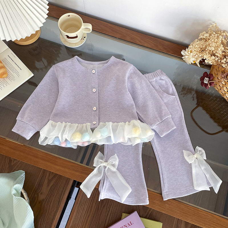Girls Spring Tulle Multicolor Pompom Bow Front Cardigan Flare Pants Set