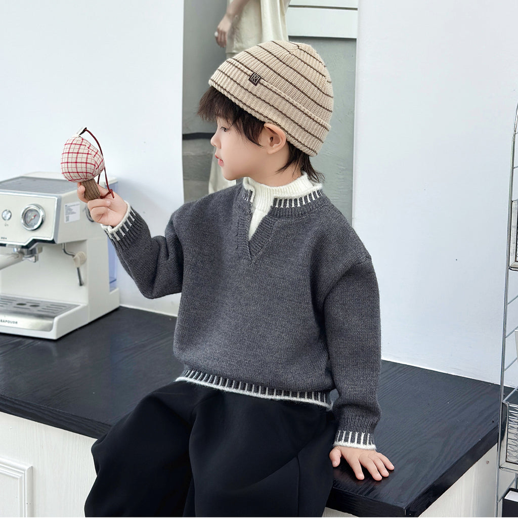 Boys' Autumn Winter Thickened Long Sleeve Casual Knit Sweater