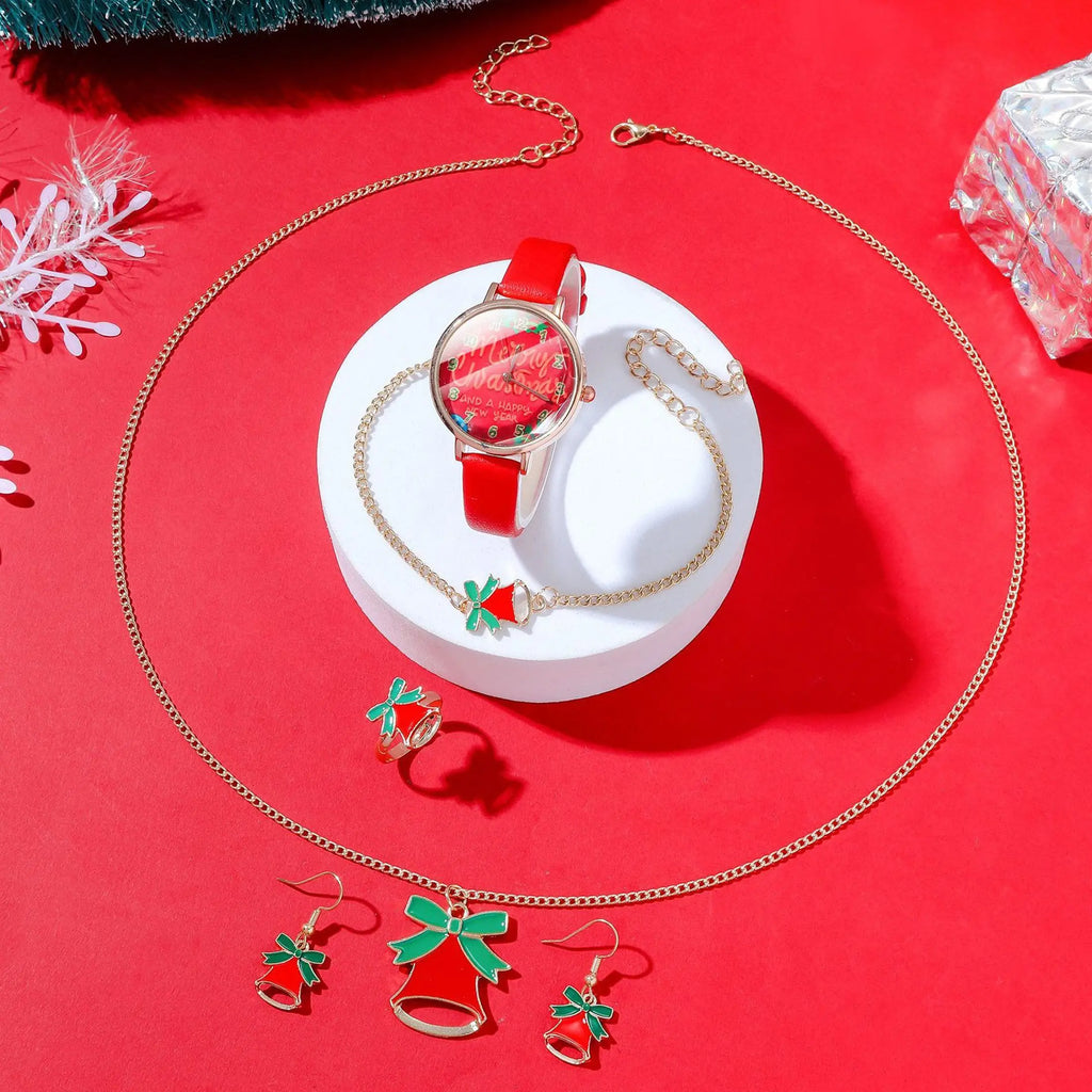 Weihnachtsmann 6-teiliges Weihnachtsschmuckset mit Uhr, Halskette, Armband und Ring (Ohrringe, für Damen und Mädchen)