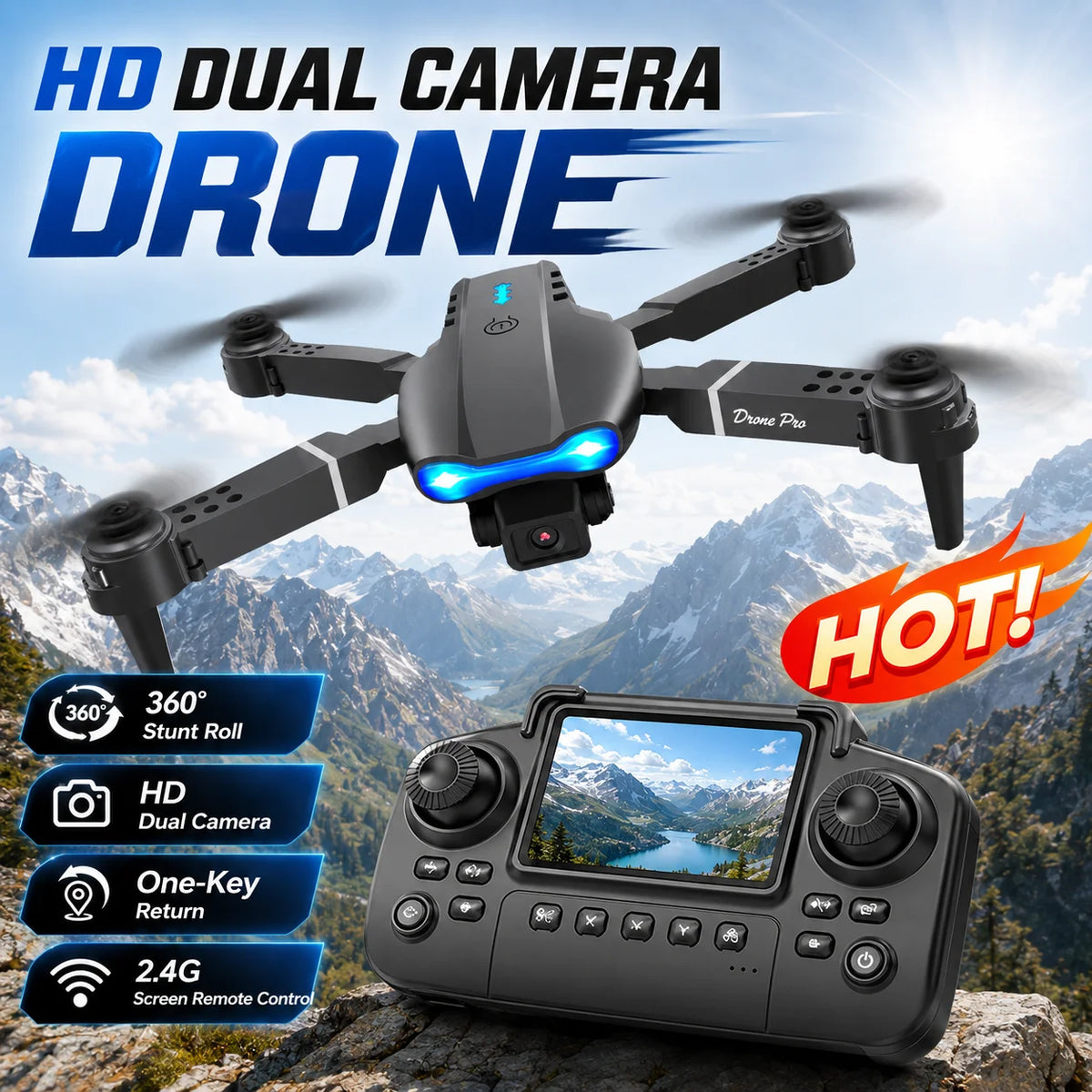 ZNLYRION Dron RC 4K con Control Remoto con Pantalla  Cámara Dual Posicionamiento de Flujo Óptico Evitación de Obstáculos Plegable FPV WIFI Control por APP Regreso con Tecla 360° Voltereta Cuadricóptero Juguete para Principiantes