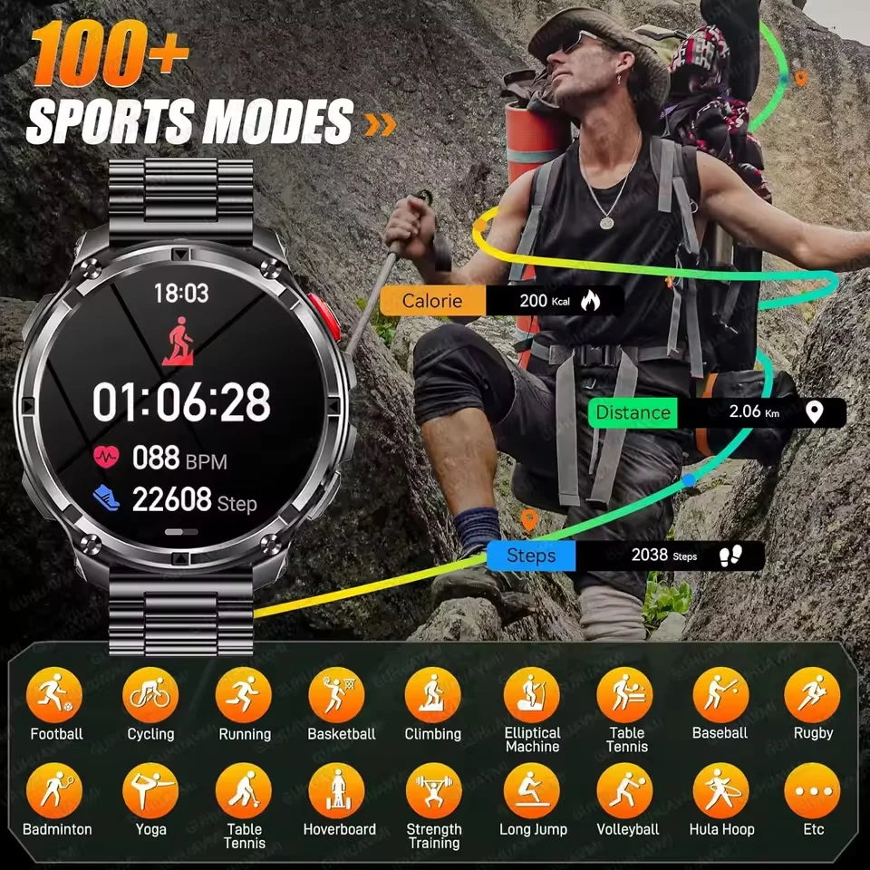 New Men Military 1100mAh Durable Large Battery Smart Watch 1.7" HD Large screen With LED Flashlight Compass Heart Rate Bluetooth Call IP68 Waterproof Sports Smartwatch