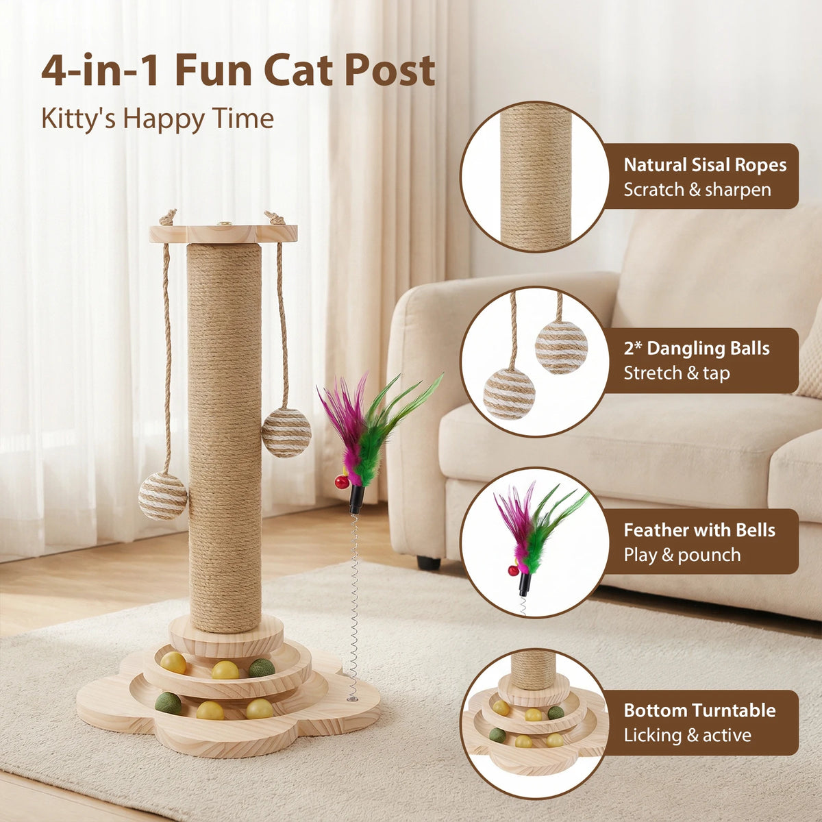 Rascador de madera para gatos con sisal natural, rascador resistente para gatos de interior, juguetes para gatitos con pelota interactiva en riel, pluma con resorte, plataforma de juego y poste rascador (46 cm de alto)