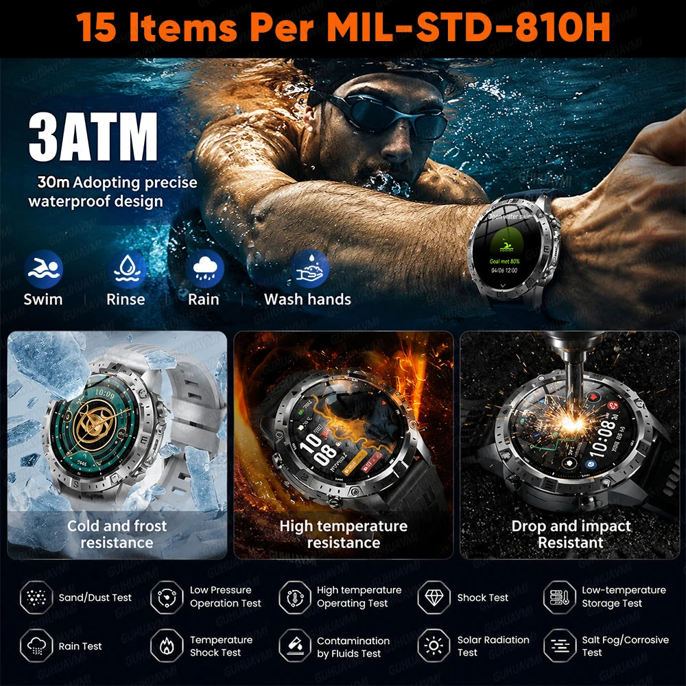 2026 New Built in GPS Smart Watch Offline Map Compass Fitness Tracker BT Call 3ATM Waterproof Altimeter Barometer Rugged Outdoor HD Smartwatch Men