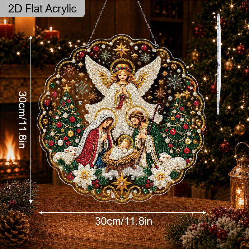 Christmas Nativity Scene Pearl Diamond Painting 2D Flat Acrylic Hanging Ornament with Holy Family Angel Lace-Edge Decor
