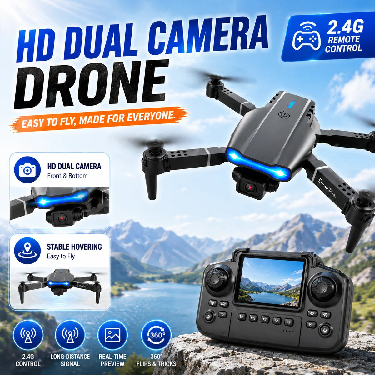 ZNLYRION Dron RC 4K con Control Remoto con Pantalla  Cámara Dual Posicionamiento de Flujo Óptico Evitación de Obstáculos Plegable FPV WIFI Control por APP Regreso con Tecla 360° Voltereta Cuadricóptero Juguete para Principiantes