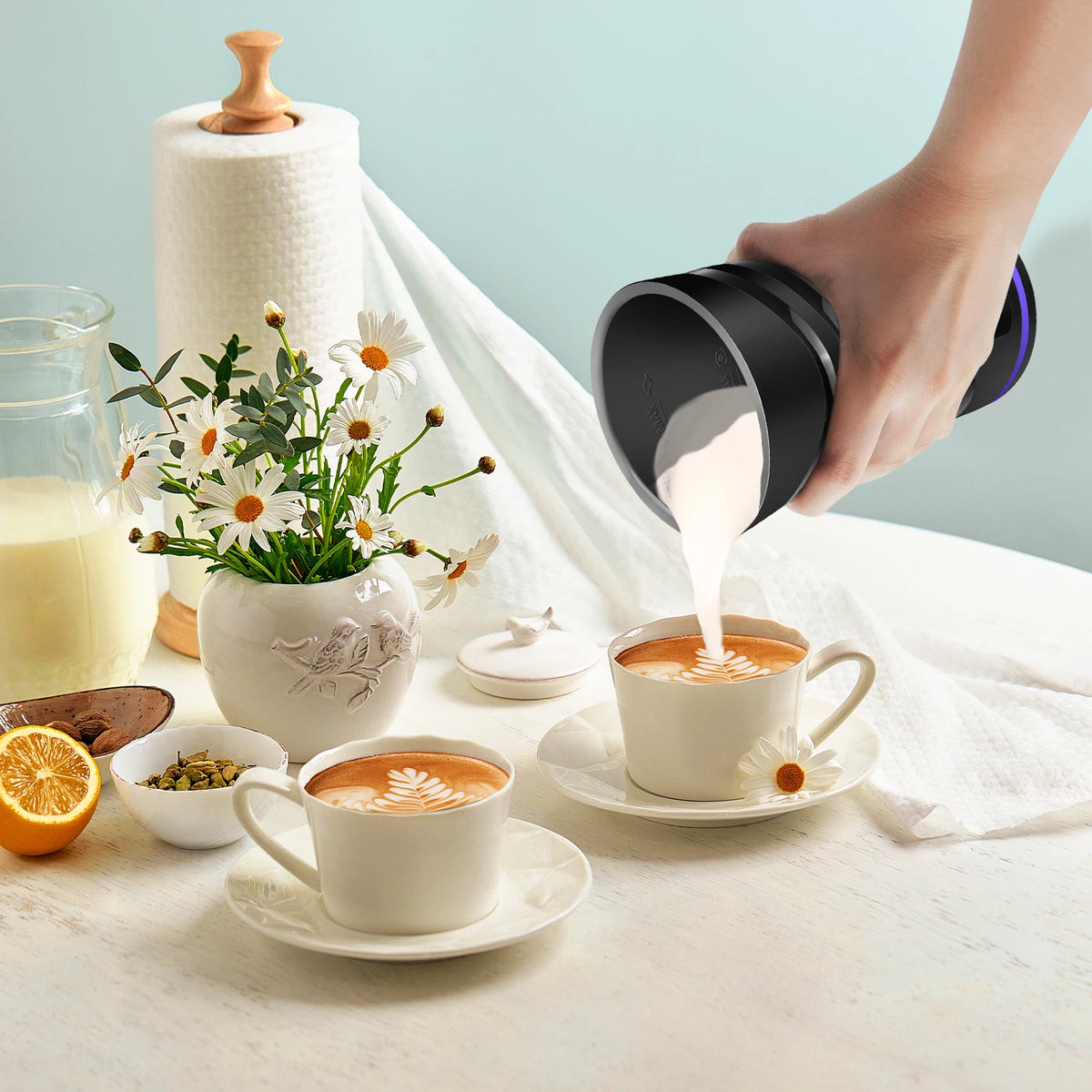 Espumador de leche de 400 W para chocolate caliente, vaporizador de leche 4 en 1 eléctrico con cable y función para bebidas calientes y frías, chocolate caliente con control de temperatura para café, latte y capuchino